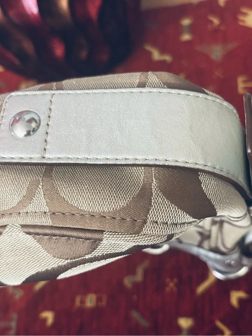 Coach Brown Signature Canvas Shoulder Bag with Silver Trim